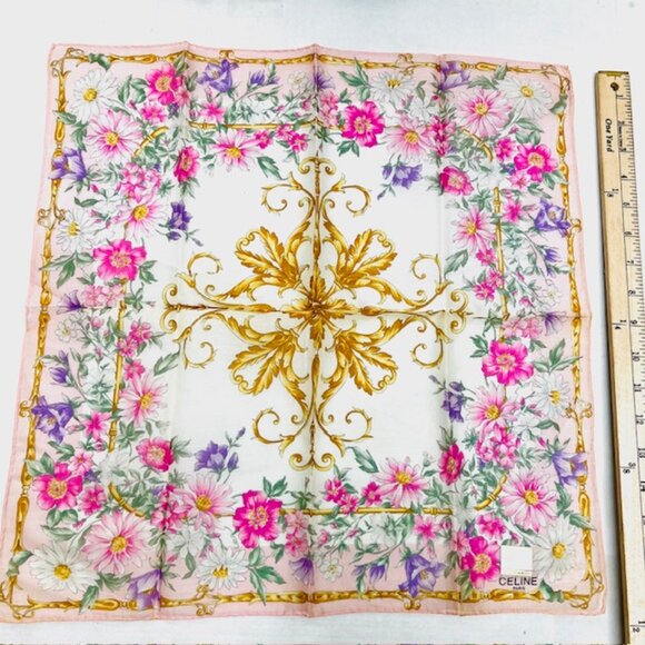 New Tag On Celine Paris MiniScarf/Handkerchief cotton 19"  Pink Floral (51) - Picture 5 of 5